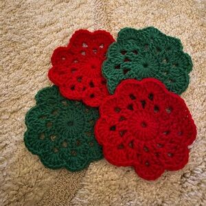 Festive Red and Green Crochet Coaster Set